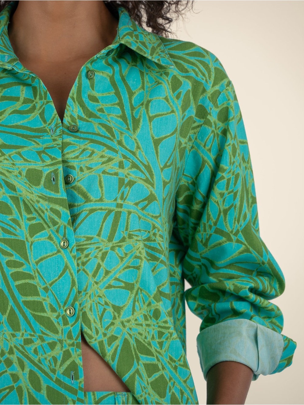 KUT From The Kloth Madrigal Linen Blend Button Down Shirt Green/Teal Blue Small